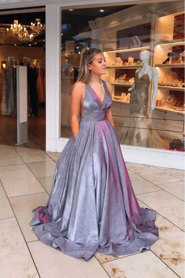 A-Line V Neck Sparkle Prom Dress Formal Evening Gowns 901240