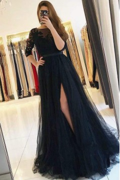 Long Navy Blue Lace and Tulle Prom Dress Formal Evening Gowns 901243