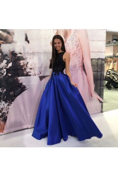 A-Line Long Royal Blue Prom Dress Formal Evening Gowns with Black Lace 901245