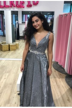 A-Line Sparkle V Neck Beaded Prom Dress Formal Evening Gowns 901246