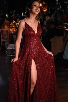 A-Line Sequin Tulle V Neck Long Prom Dress Formal Evening Gowns 901253