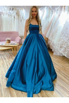 Long Blue Spaghetti Straps Satin Prom Dress Formal Evening Gowns 901254