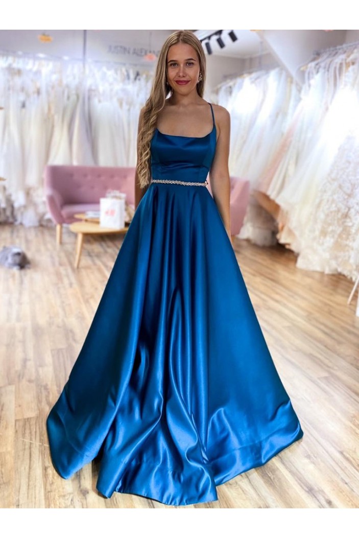 Long Blue Spaghetti Straps Satin Prom Dress Formal Evening Gowns 901254