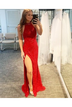 Long Red Sequin Tulle Sparkle Prom Dress Formal Evening Gowns 901257