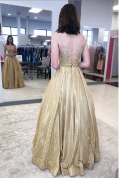 A-Line Gold Sparkle Lace Prom Dress Formal Evening Gowns 901268