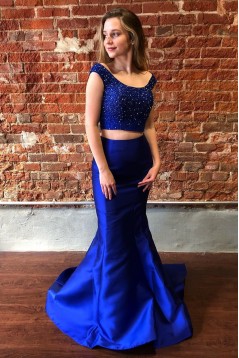 Long Royal Blue Two Pieces Mermaid Lace Prom Dress Formal Evening Gowns 901275