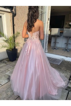 Long Pink Lace and Tulle Prom Dress Formal Evening Gowns 901281