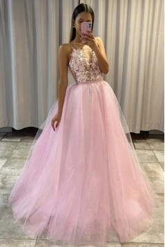 Long Pink Lace and Tulle Long Prom Dress Formal Evening Gowns 901287