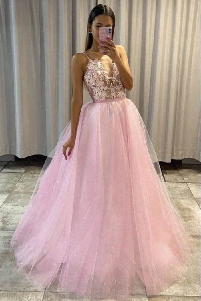 Long Pink Lace and Tulle Long Prom Dress Formal Evening Gowns 901287