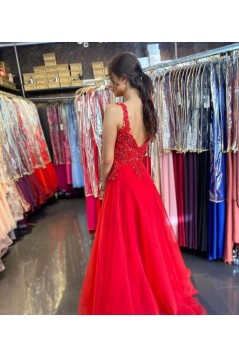 Long Red Lace and Tulle Prom Dress Formal Evening Gowns 901297