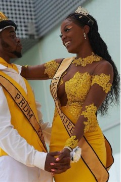 Long Yellow Mermaid Lace Prom Dress Formal Evening Gowns 901301