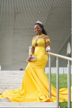 Long Yellow Mermaid Lace Prom Dress Formal Evening Gowns 901301