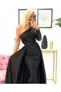 Long Black Mermaid One Shoulder Prom Dress Formal Evening Gowns 901303
