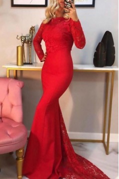 Long Red Mermaid Lace Long Sleeves Prom Dress Formal Evening Gowns 901304