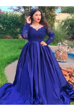 Long Royal Blue Lace and Satin Plus Size Prom Dress Formal Evening Gowns 901312