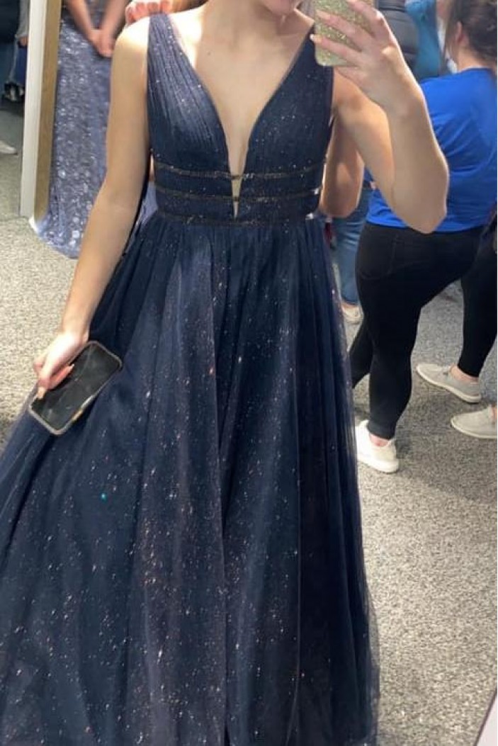 A-Line Long Navy Blue Sparkle Prom Dress Formal Evening Gowns 901322
