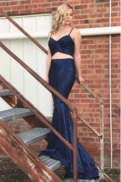 Long Royal Blue Mermaid Two Pieces Sparkle Prom Dress Formal Evening Gowns 901335