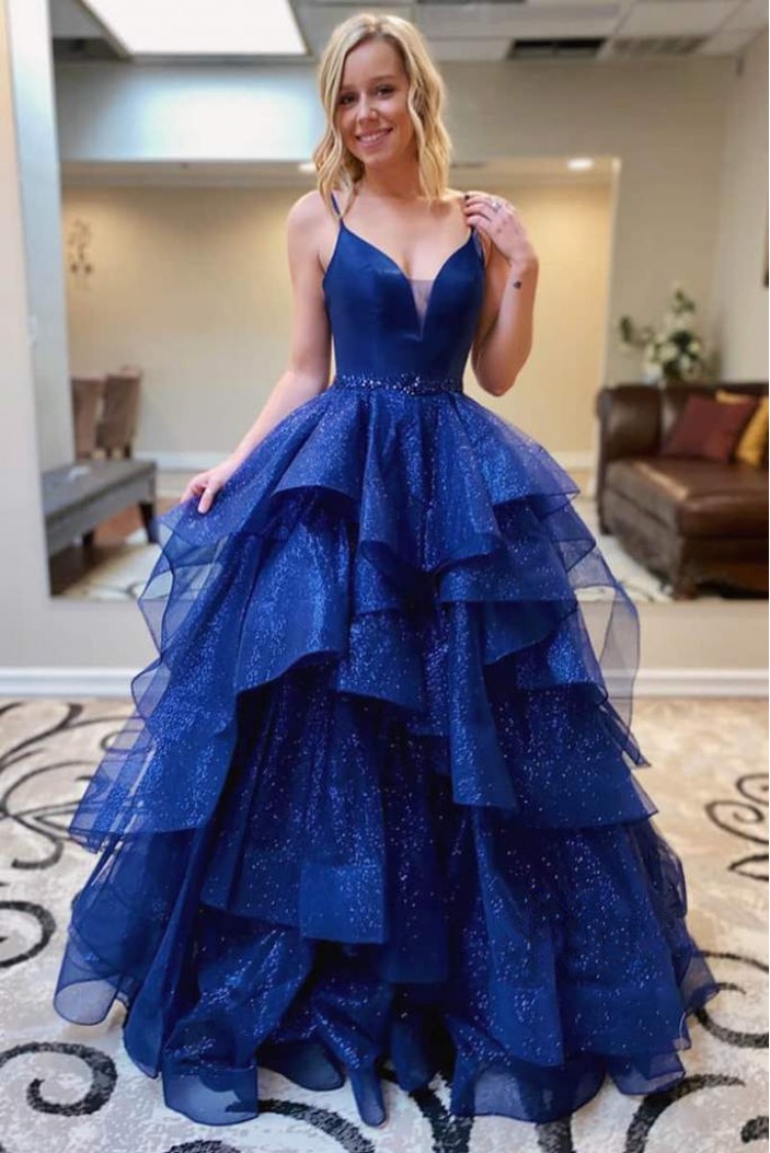 Long Royal Blue Sparkle Tulle Prom Dress Formal Evening Gowns 901337