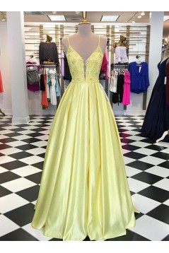 A-Line Long Yellow Lace and Satin Prom Dress Formal Evening Gowns 901341