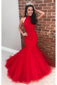 Long Red Mermaid High Neck Prom Dress Formal Evening Gowns 901343
