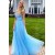 Long Blue V Neck Tulle Prom Dress Formal Evening Gowns 901345