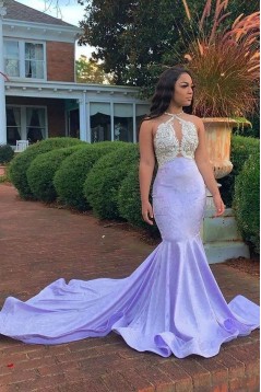 Elegant Mermaid Lavender Beaded Lace Prom Dress Formal Evening Gowns 901352
