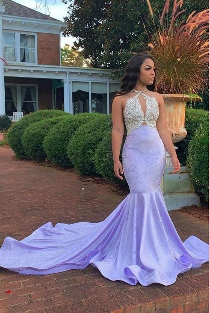 Elegant Mermaid Lavender Beaded Lace Prom Dress Formal Evening Gowns 901352