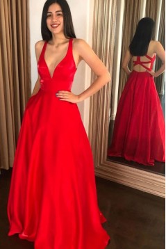 A-Line Long Red V Neck Prom Dress Formal Evening Gowns 901353