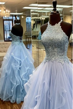 Elegant Halter Tulle and Lace Long Prom Dress Formal Evening Gowns 901355
