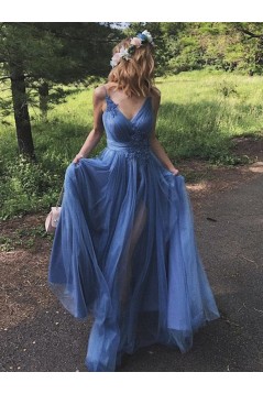 Long Blue Lace and Tulle Prom Dress Formal Evening Gowns 901367