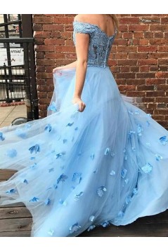 A-Line Long Blue Two Pieces Lace Tulle Prom Dress Formal Evening Gowns 901371