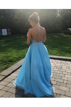 Long Blue Lace and Tulle Beaded Prom Dress Formal Evening Gowns 901429