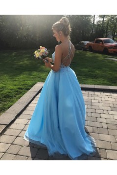 Long Blue Lace and Tulle Beaded Prom Dress Formal Evening Gowns 901429