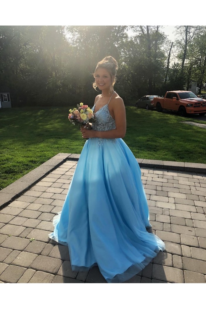 Long Blue Lace and Tulle Beaded Prom Dress Formal Evening Gowns 901429