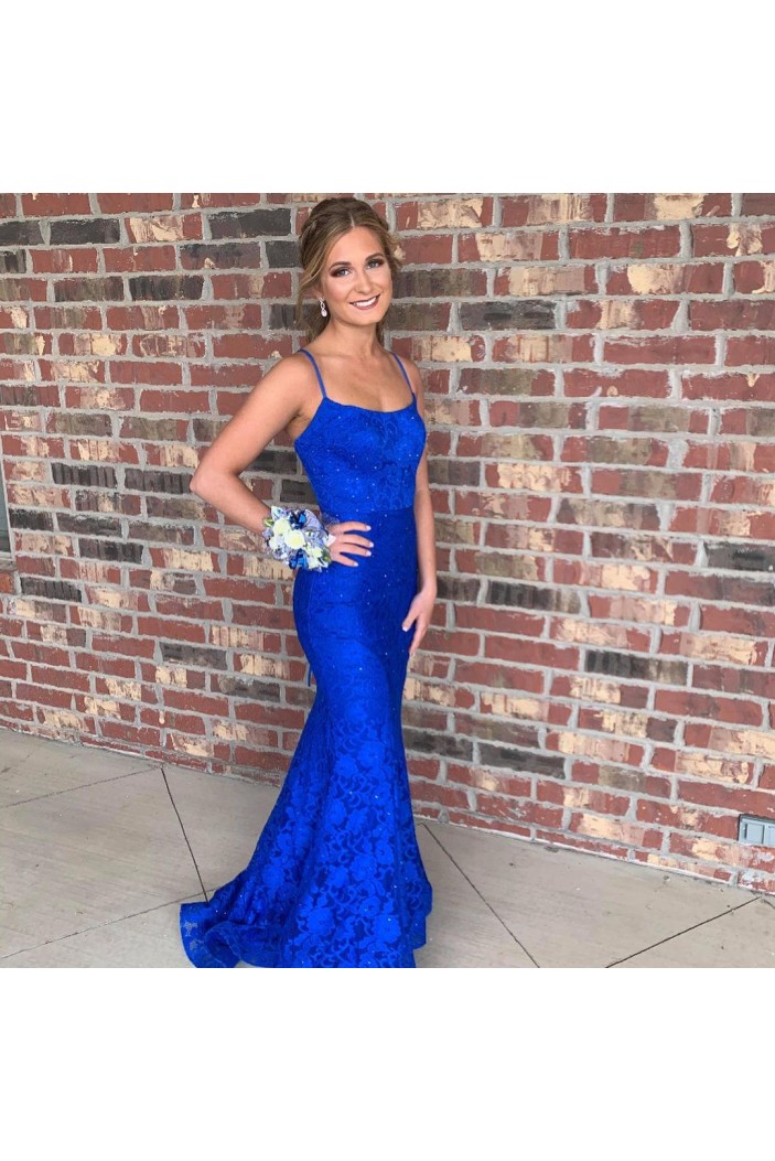 Long Royal Blue Mermaid Spaghetti Straps Lace Prom Dress Formal Evening Gowns 901453