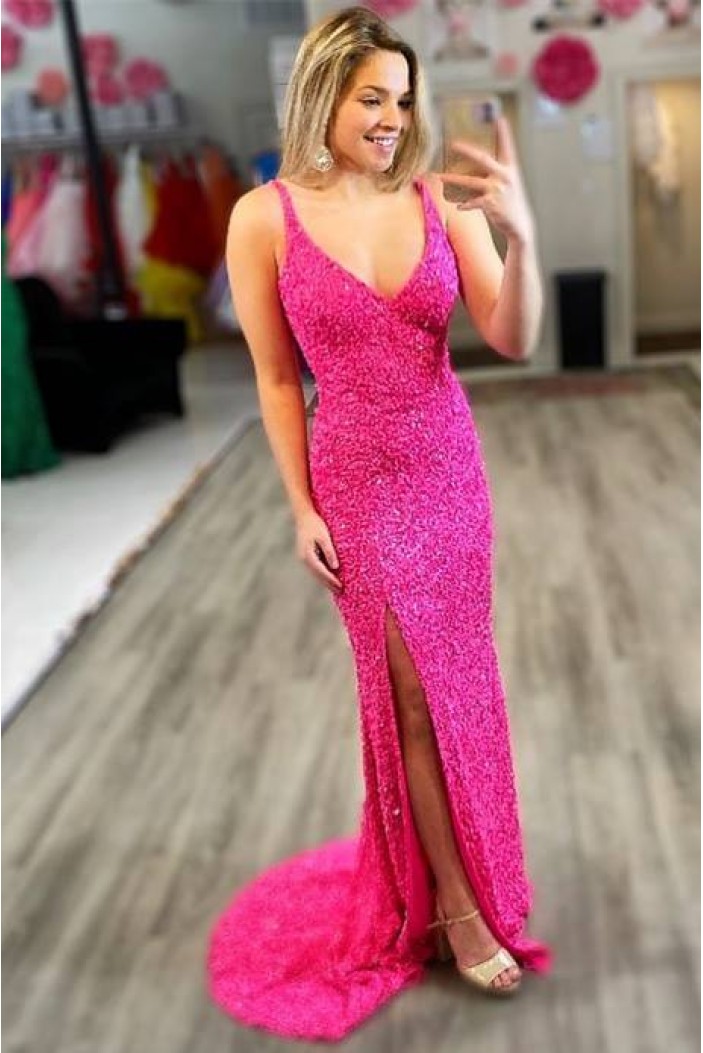 Long Sequin V Neck Prom Dress Formal Evening Gowns 901469