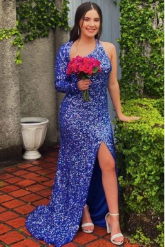 Long Royal Blue One Shoulder Sequin Prom Dress Formal Evening Gowns 901471