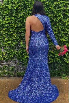 Long Royal Blue One Shoulder Sequin Prom Dress Formal Evening Gowns 901471