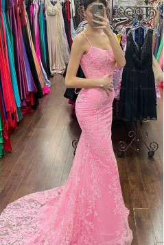 Long Pink Mermaid Lace Prom Dress Formal Evening Gowns 901482