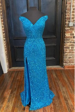 Long Royal Blue Off the Shoulder Sequin Prom Dress Formal Evening Gowns 901485