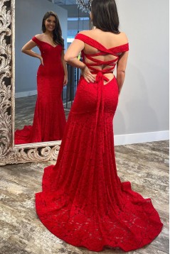 Long Red Lace Off the Shoulder Prom Dress Formal Evening Gowns 901497