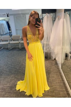 Long Yellow Chiffon Beaded Prom Dress Formal Evening Gowns 901520