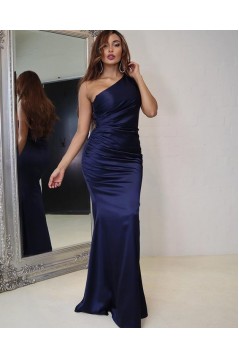 Long Navy Blue One Shoulder Prom Dresses Formal Evening Gowns 901541