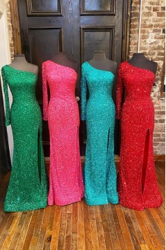 Long Green One Shoulder Sequin Prom Dresses Formal Evening Gowns 901581