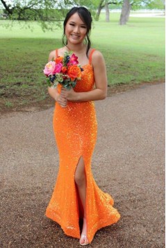 Mermaid Spaghetti Straps Sequin Long Prom Dresses Formal Evening Gowns 901582