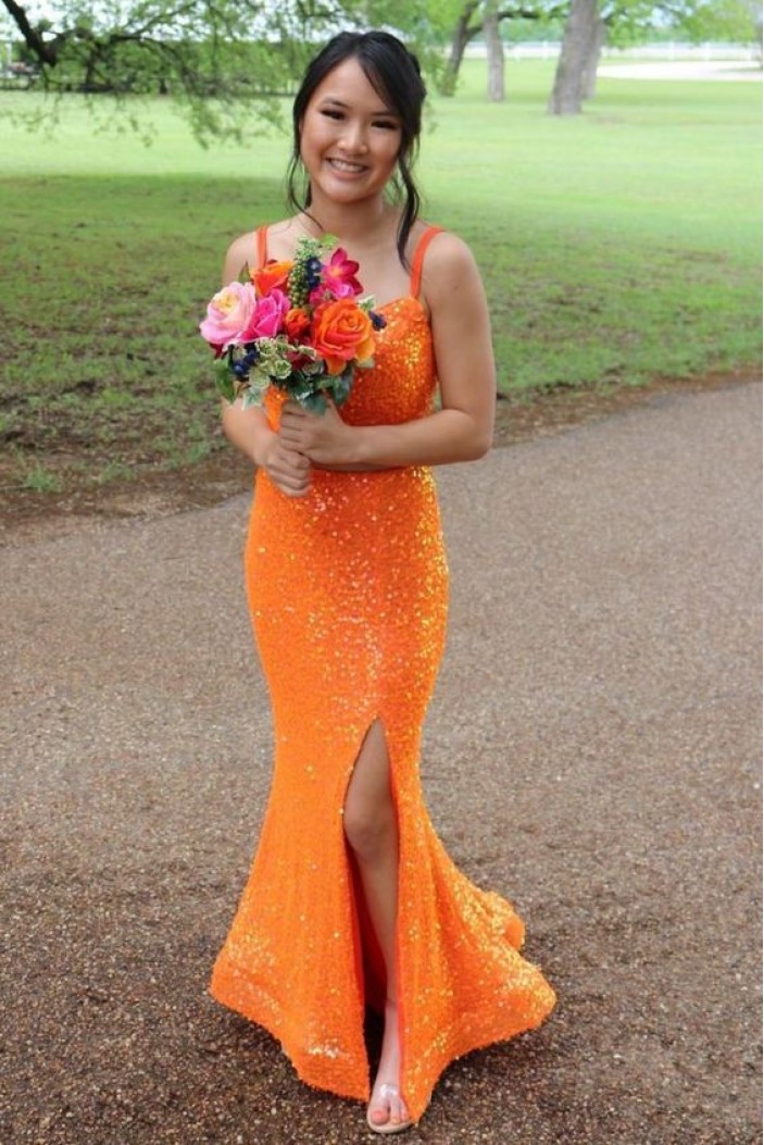 Mermaid Spaghetti Straps Sequin Long Prom Dresses Formal Evening Gowns 901582