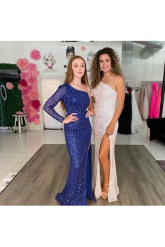 Long Royal Blue One Shoulder Sequin Prom Dresses Formal Evening Gowns 901591