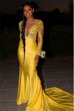 Long Yellow Mermaid Lace Prom Dresses Formal Evening Gowns 901592