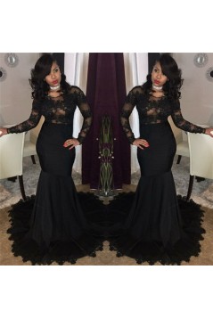 Long Black Mermaid Lace Prom Dresses Formal Evening Gowns 901603