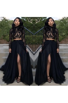 Long Black Two Pieces Lace Tulle Prom Dresses Formal Evening Gowns 901605